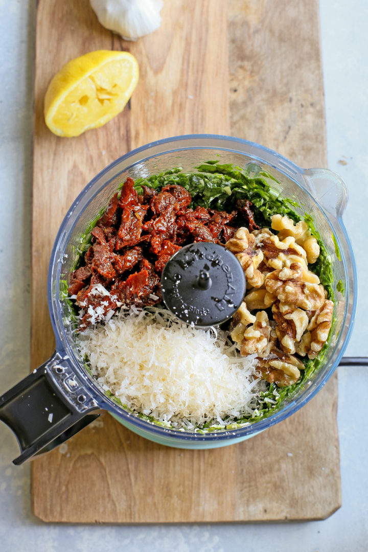 step showing the process of making sun dried tomato pesto