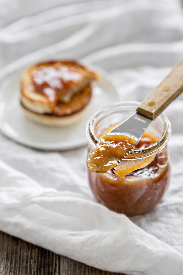 close up photo of this pear butter recipe in a jar
