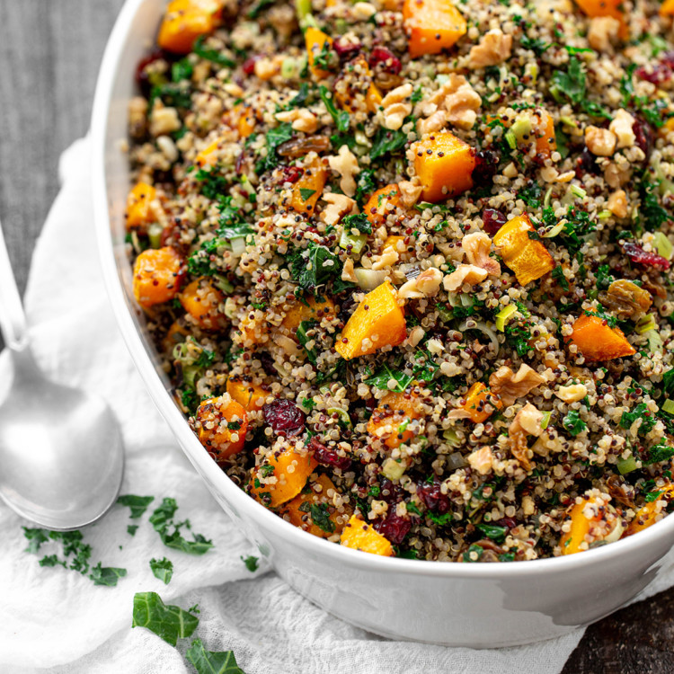 quinoa stuffing in a white dish