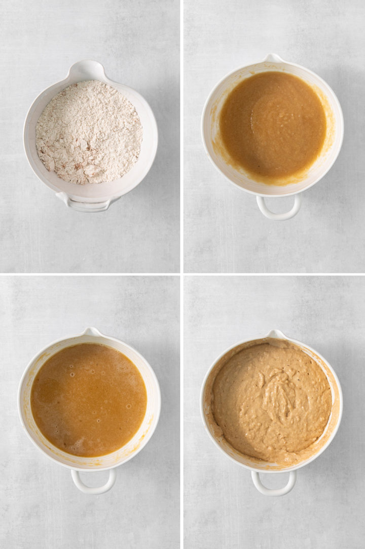 step by step photos showing how to make the batter for apple cider muffins