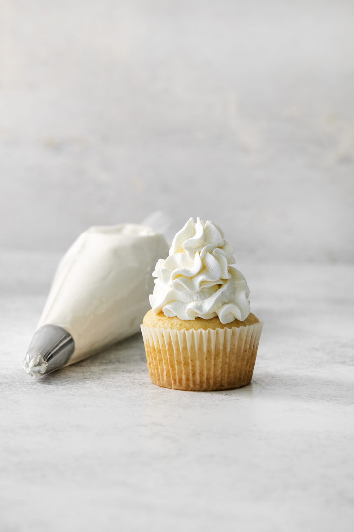 cupcake decorated with stabilized whipped cream with gelatin
