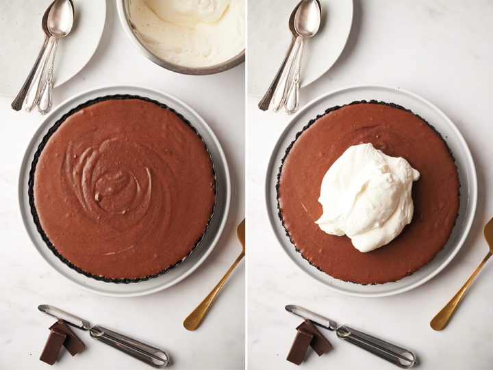 step by step adding whipped cream on top of a chocolate tart