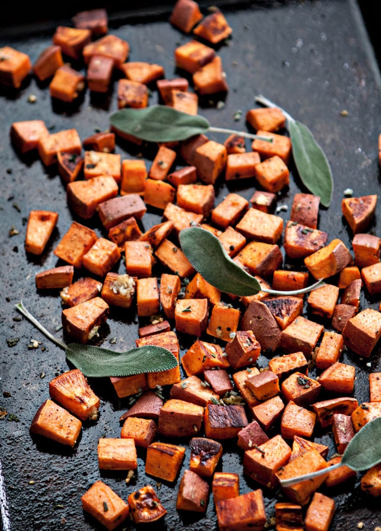 roasted sweet potatoes on a baking sheet