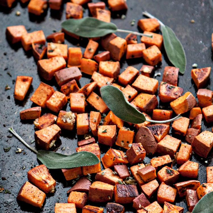 roasted sweet potatoes on a baking sheet