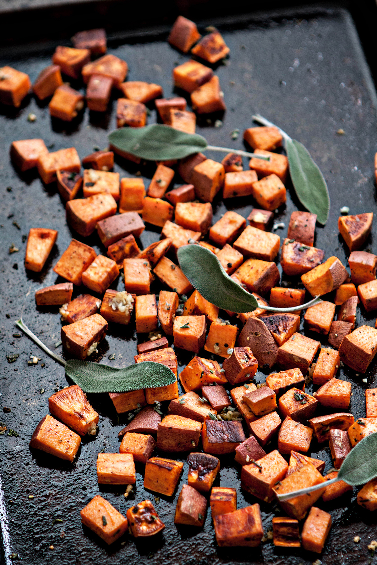 Roasted Sweet Potato Cubes with Garlic and Sage 