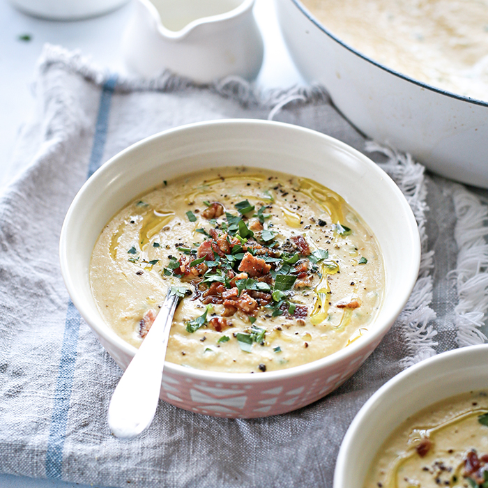 roasted cauliflower soup in a bowl