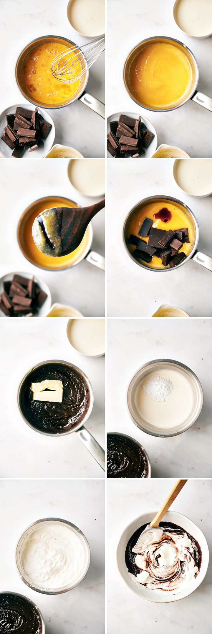 step by step photo collage how to make chocolate tart filling
