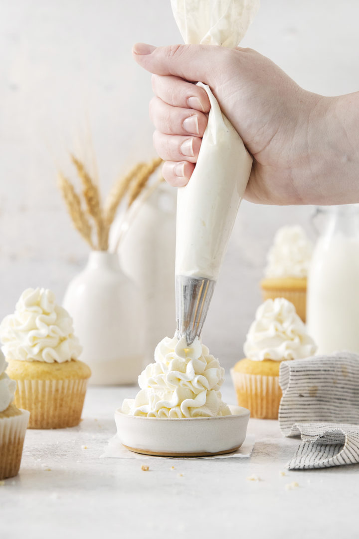 woman piping stabilized whipped cream