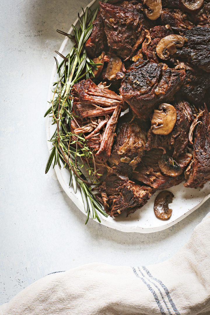 platter with chuck roast cooked in instant pot