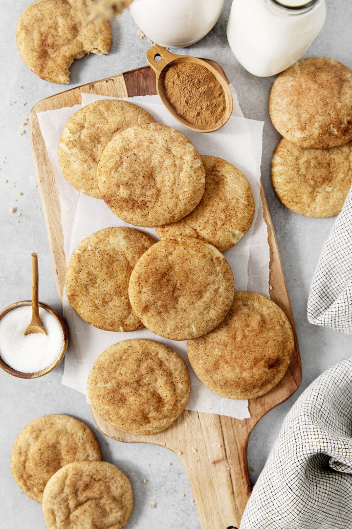 overhead photo of browned butter Snickerdoodles on a wooden cutting board