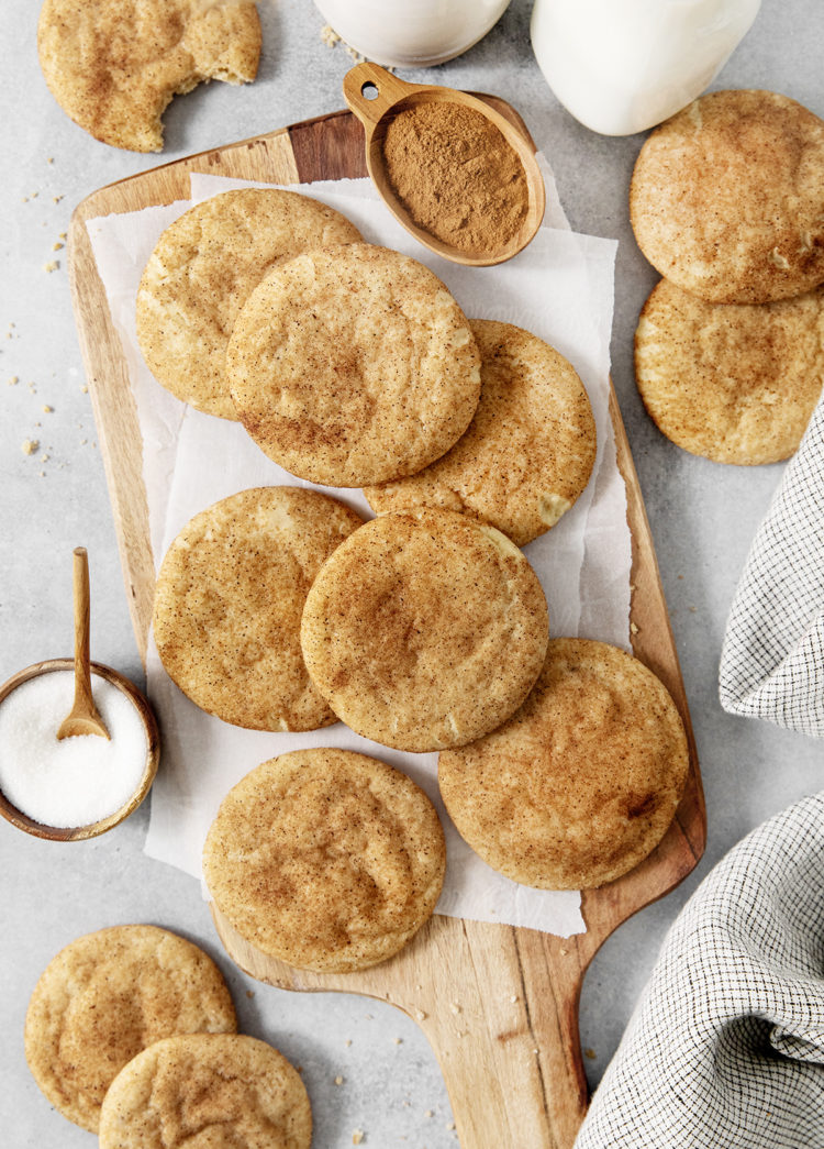overhead photo of brown butter Snickerdoodles on a wooden cutting board
