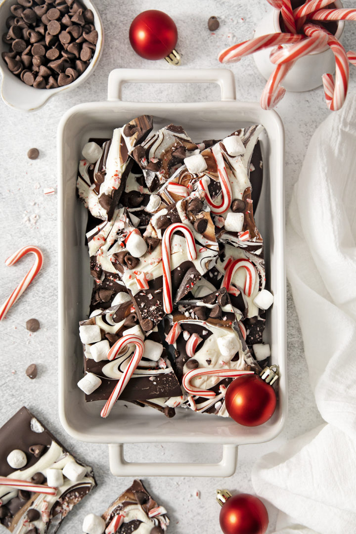white dish filled with chocolate peppermint bark