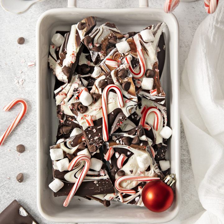 white dish filled with chocolate peppermint bark