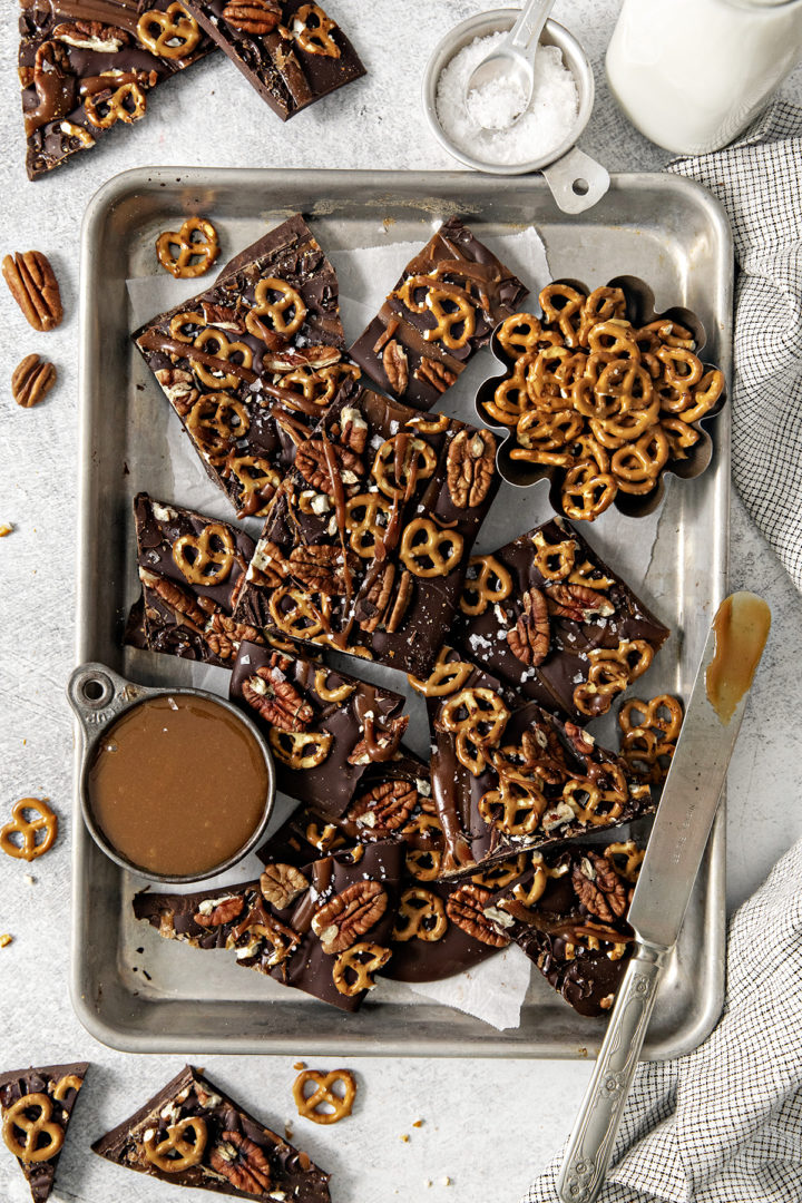 overhead photo of pretzel bark on a baking sheet