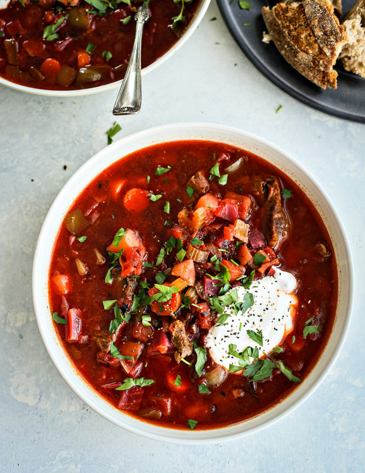 overhead photo of a bowl of russian borscht on a grey background