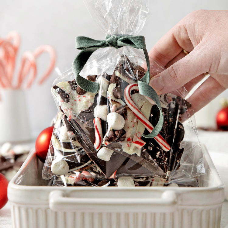 woman holding a gift bag of chocolate peppermint bark for homemade holiday gifts