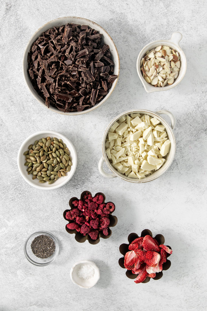 overhead shot of ingredients in fruit and nut chocolate