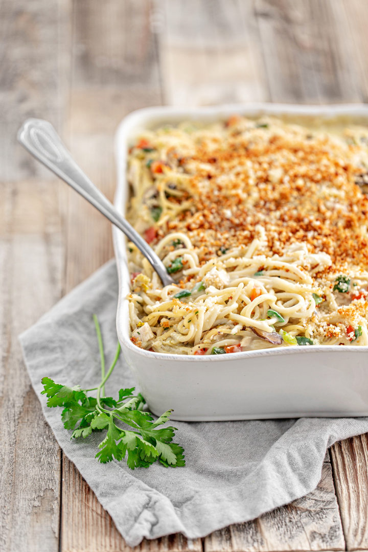 turkey tetrazzini in a baking dish