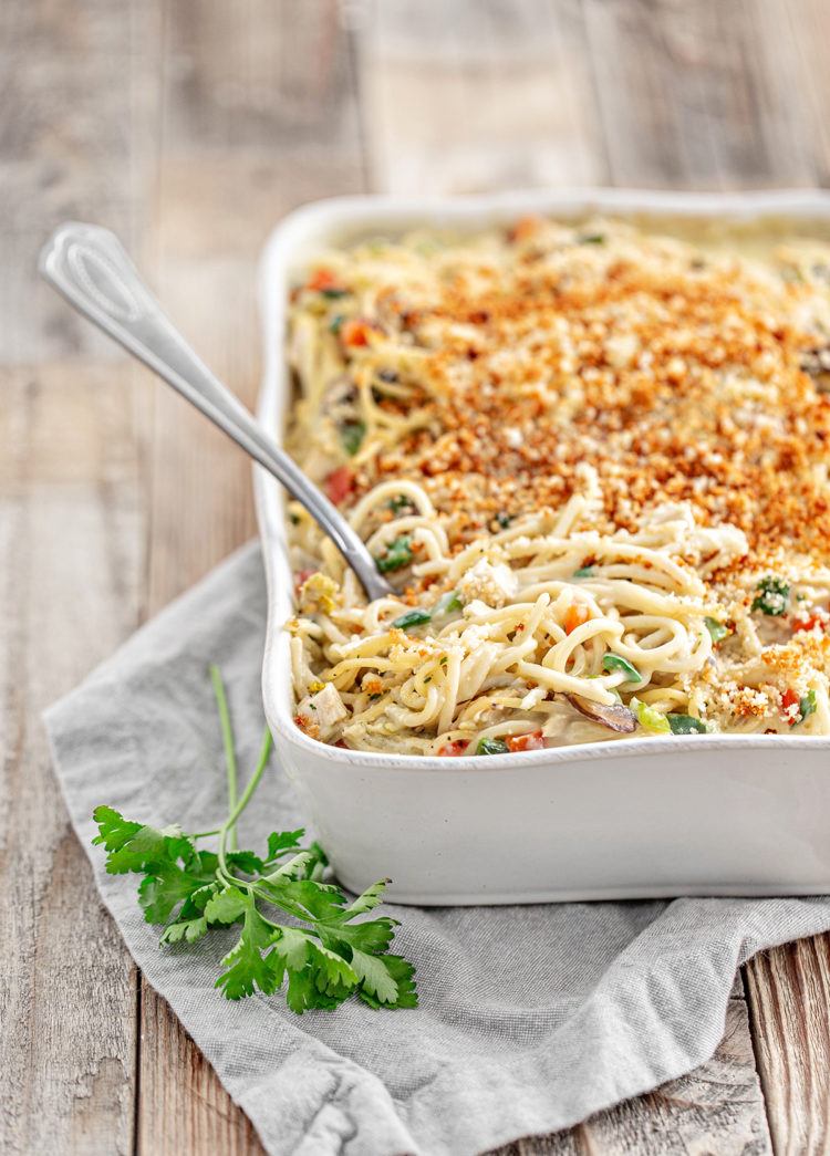 turkey tetrazzini in a baking dish