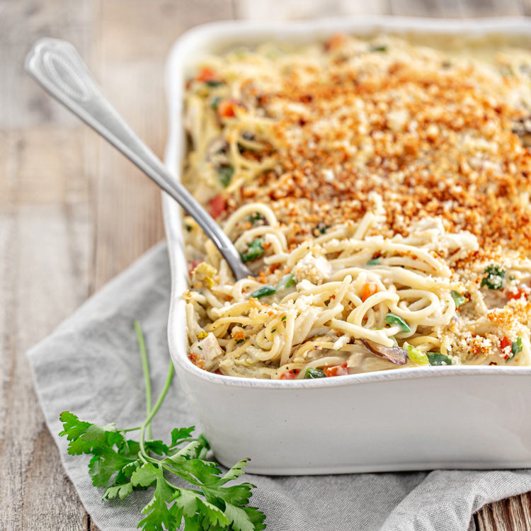 turkey tetrazzini in a baking dish