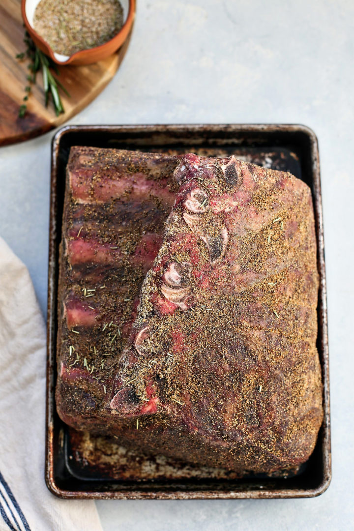 prime rib coated in Traeger prime rib rub before smoking on Traeger