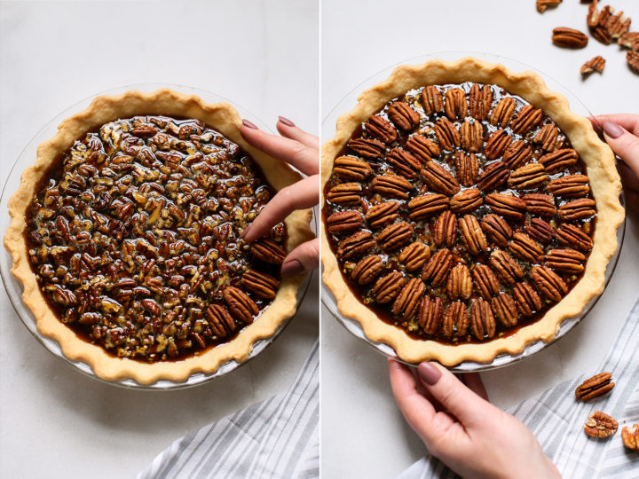 photo showing woman arranging pecan halves on top of a pecan pie with bourbon
