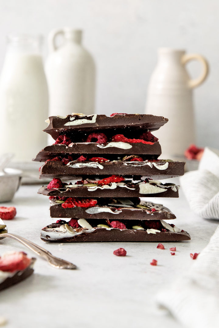 a stack of fruit and nut chocolate bars