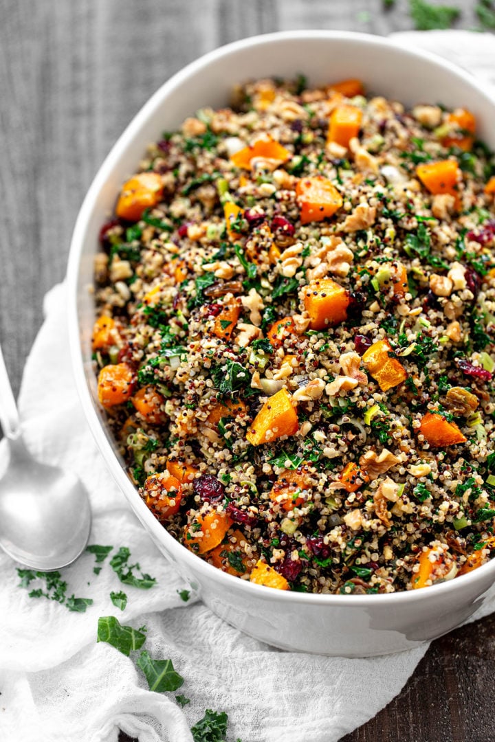 white casserole dish of gluten-free stuffing for this quinoa stuffing recipe