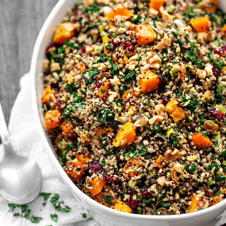 white casserole dish of gluten-free stuffing for this quinoa stuffing recipe