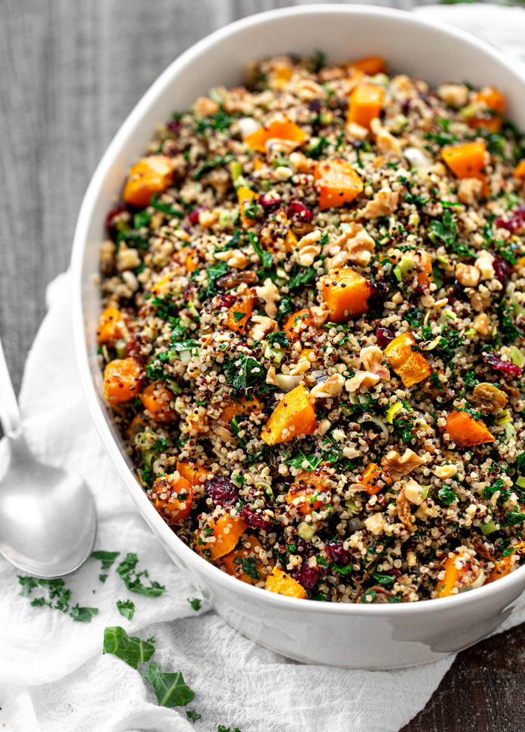 white casserole dish of gluten-free stuffing for this quinoa stuffing recipe