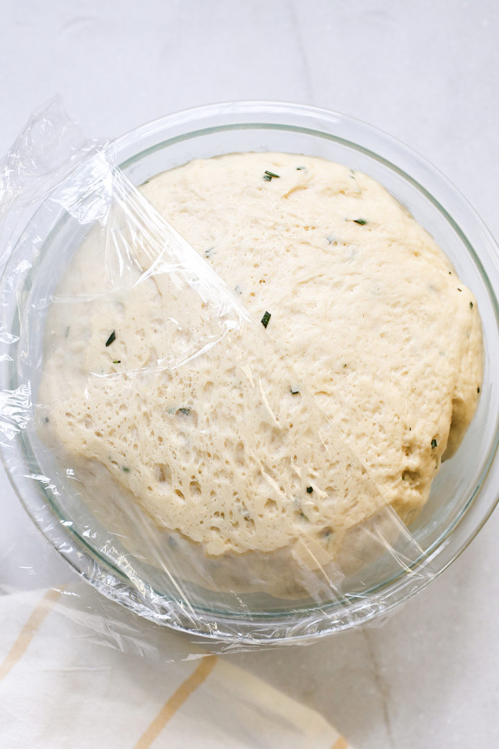 bowl of risen dough for making potato yeast rolls
