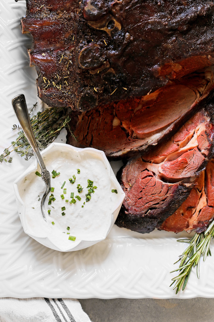 overhead photo of a traeger prime rib on a serving platter