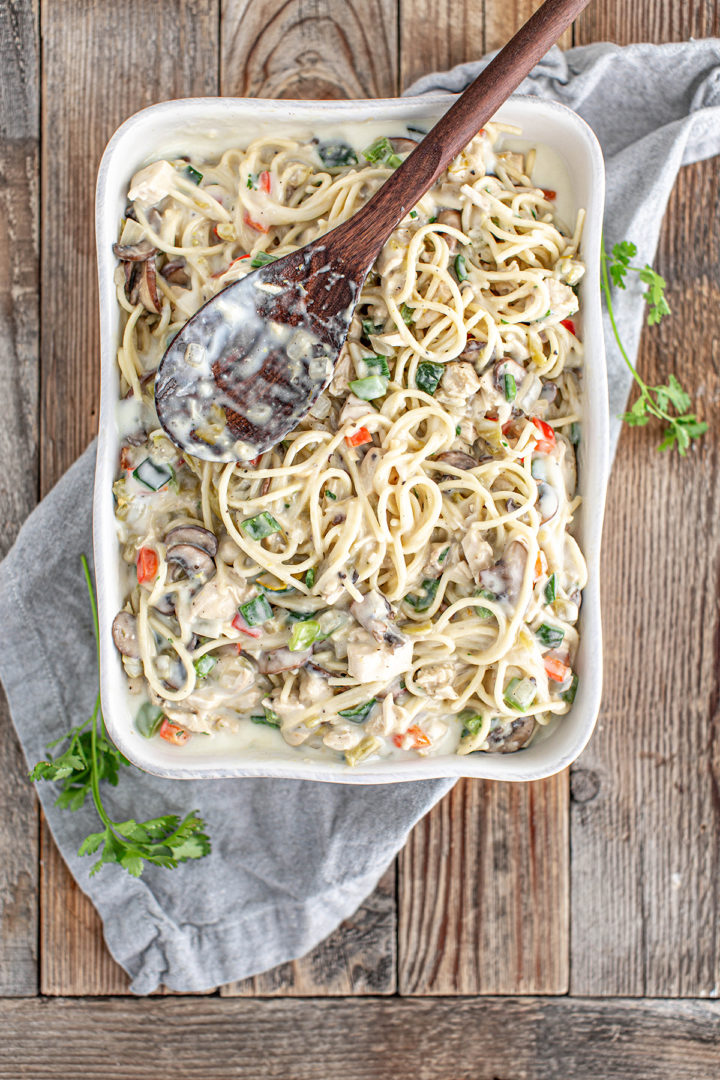 casserole dish of turkey tetrazzini