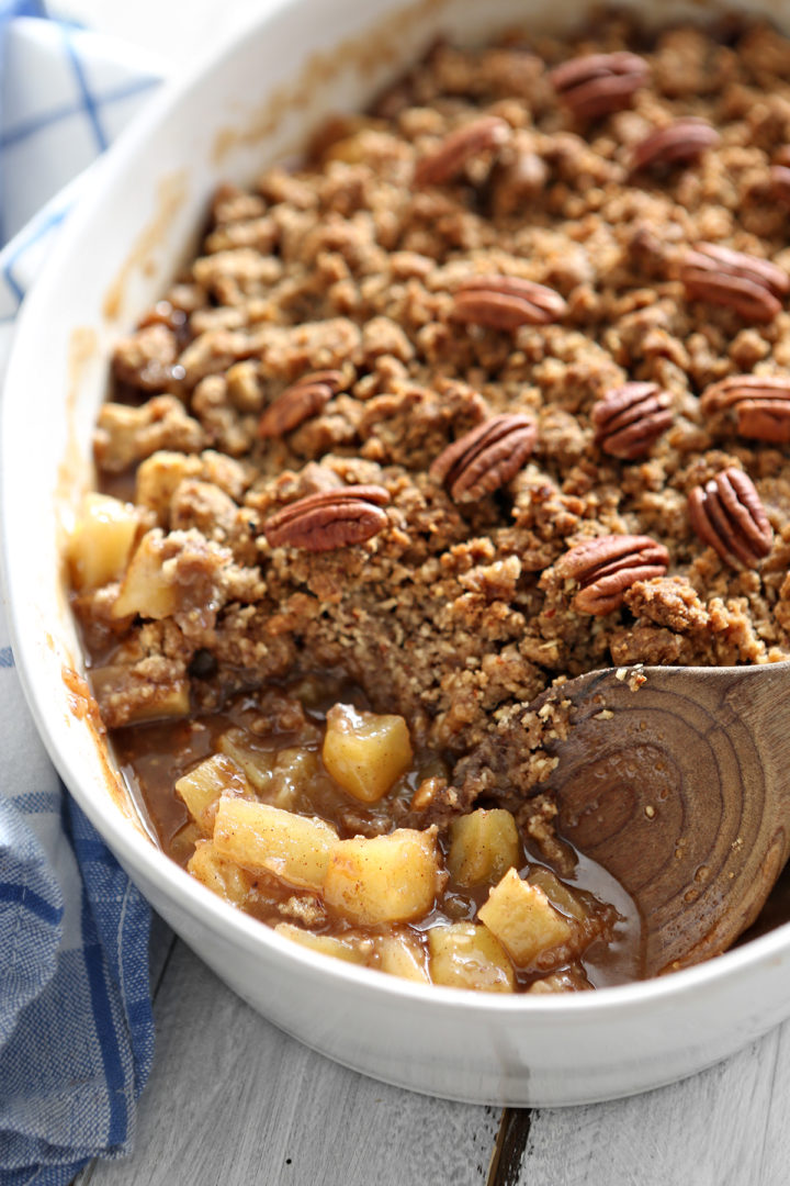 baking dish of easy apple crisp with oatmeal topping