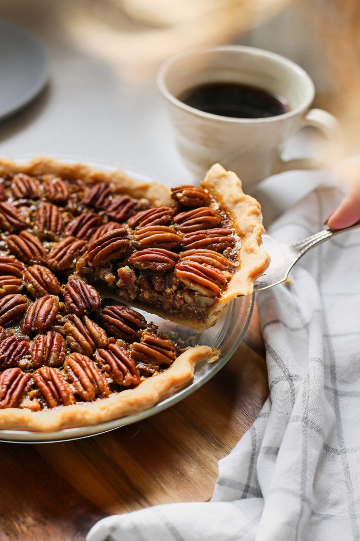 slice of this recipe for bourbon pecan pie being served