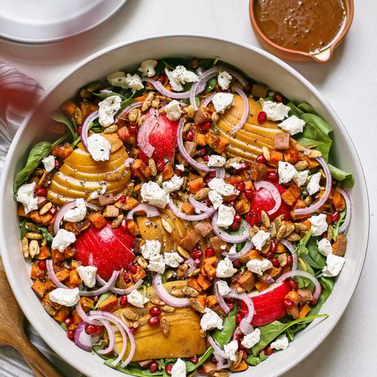 spinach pear salad in a bowl