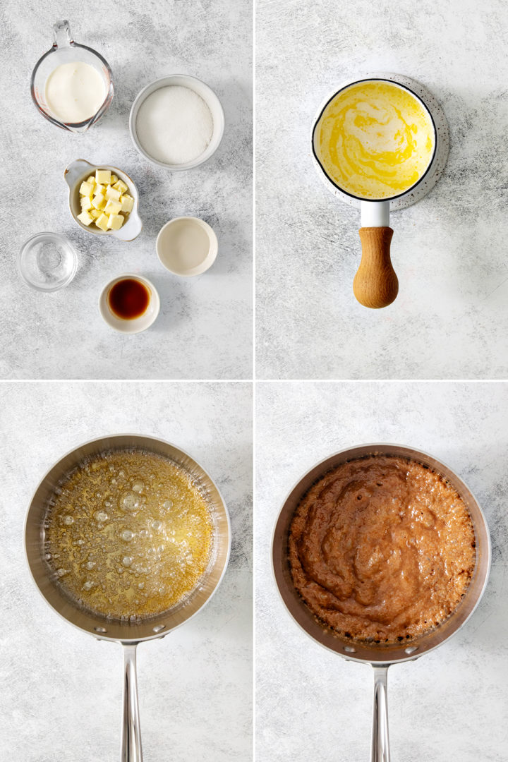 step by step photos showing how to make caramel for the pretzel bark recipe