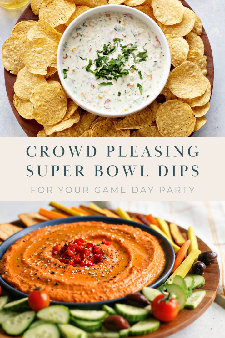 collage of photos of recipes for super bowl dips