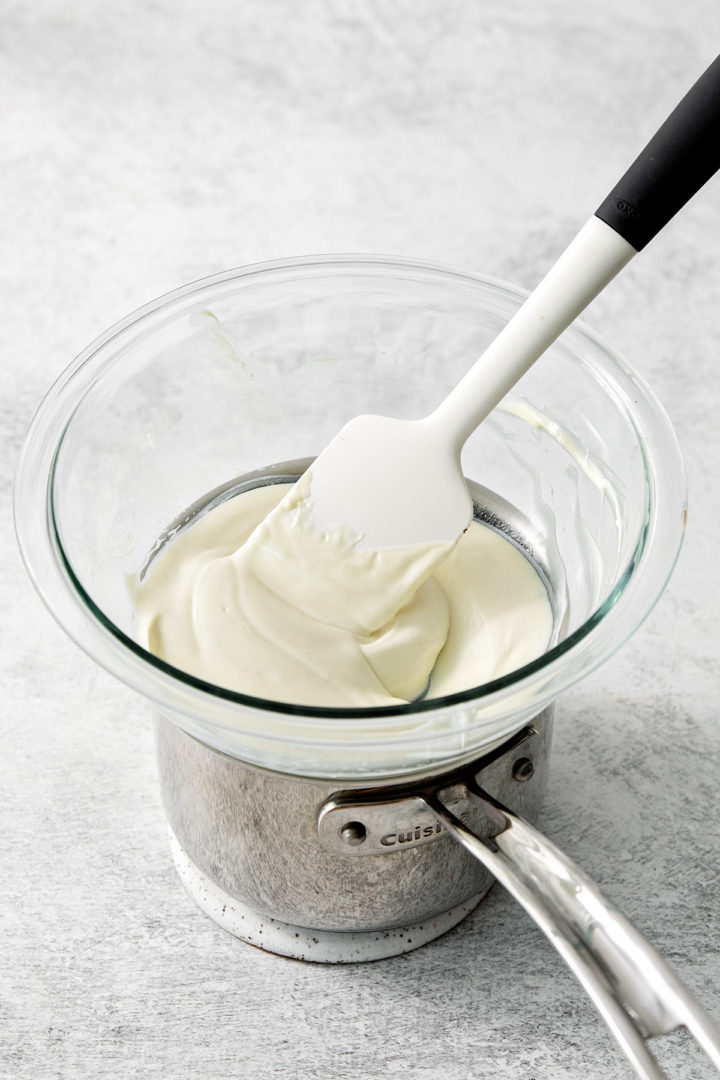 photo showing how to temper white chocolate for this peppermint bark recipe