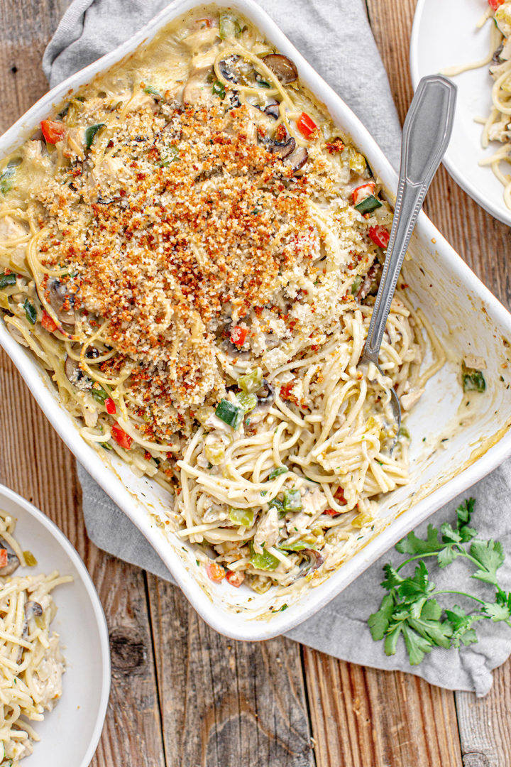 casserole dish of turkey tetrazzini