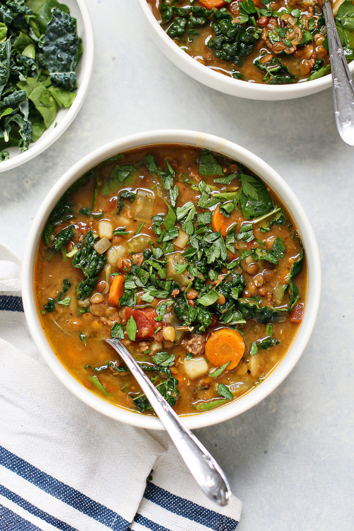 instant pot lentil soup in a white bowl