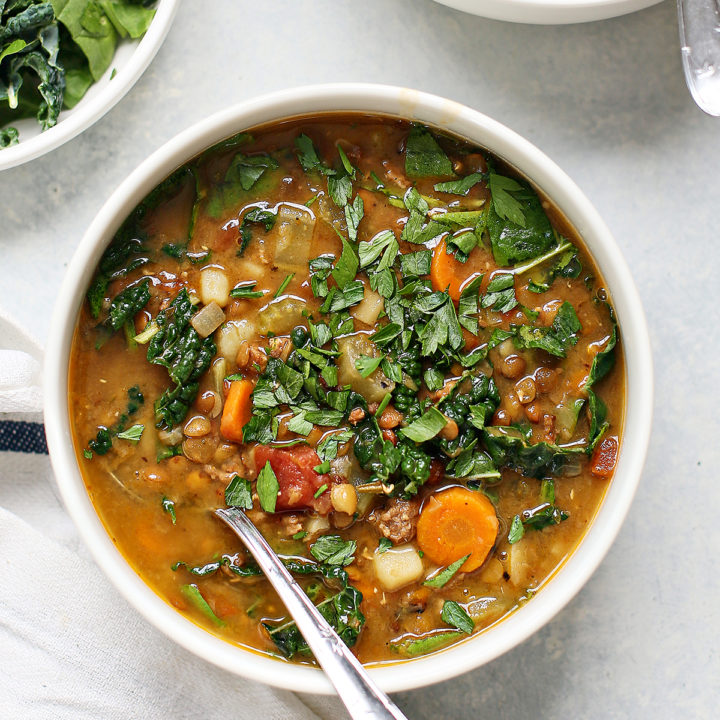 instant pot lentil soup in a white bowl