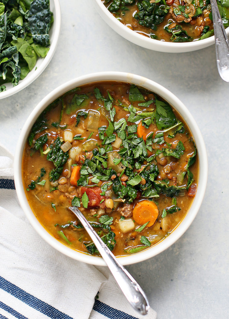 instant pot lentil soup in a white bowl