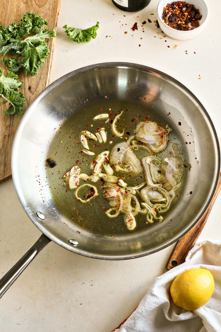 cooing shallots for kale garlic saute 
