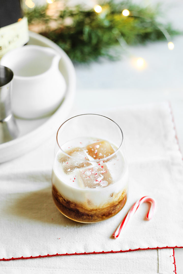 peppermint white russian with candy cane garnish