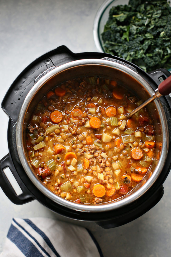 a pot of cooked easy Instant Pot lentil soup

