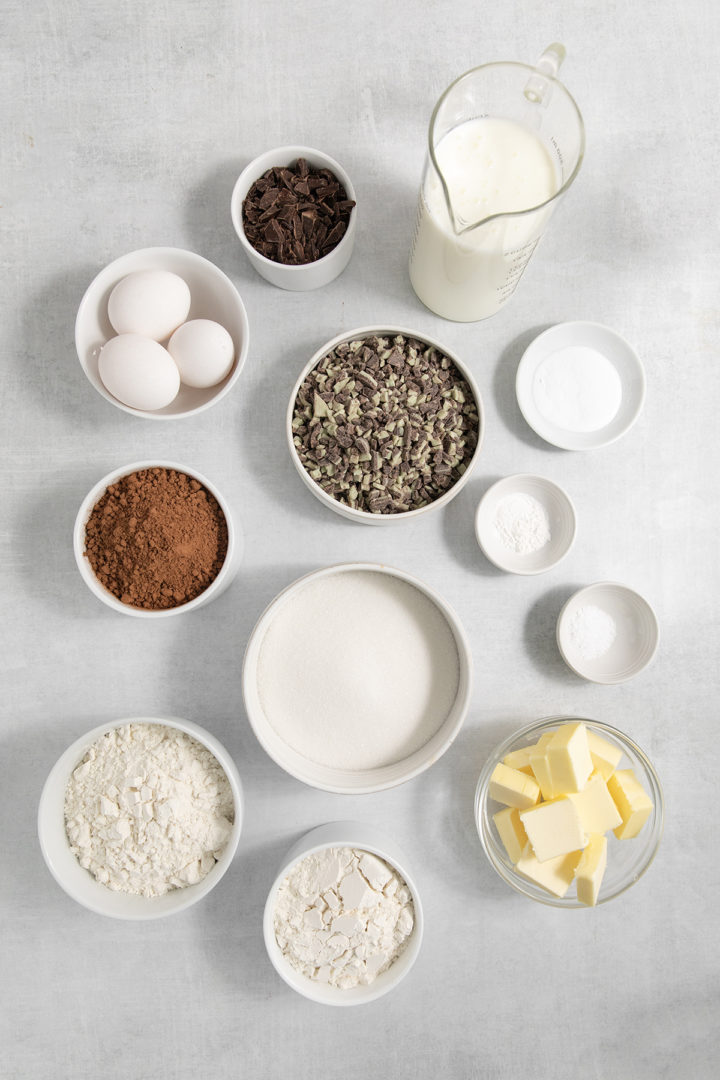 ingredients needed to make mint chocolate cupcakes in bowls