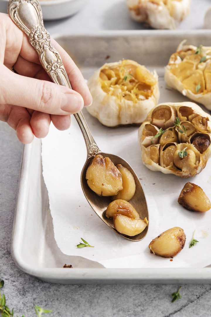 woman scooping roasted garlic cloves with a spoon