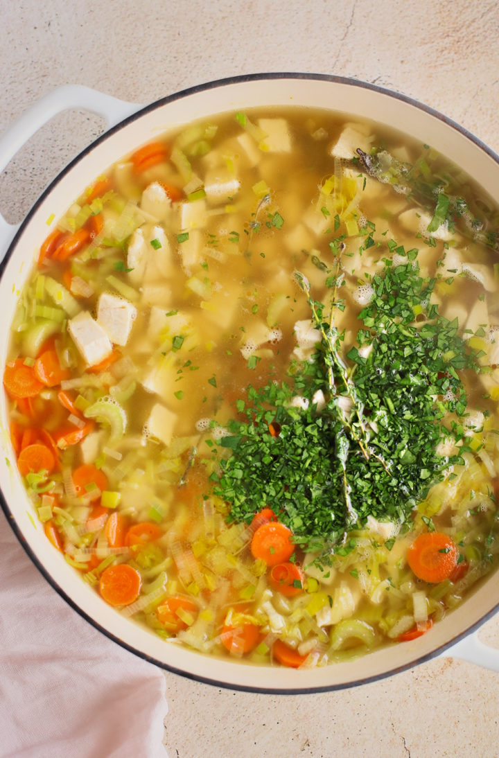 a cast iron pot with homestyle chicken noodle soup in it