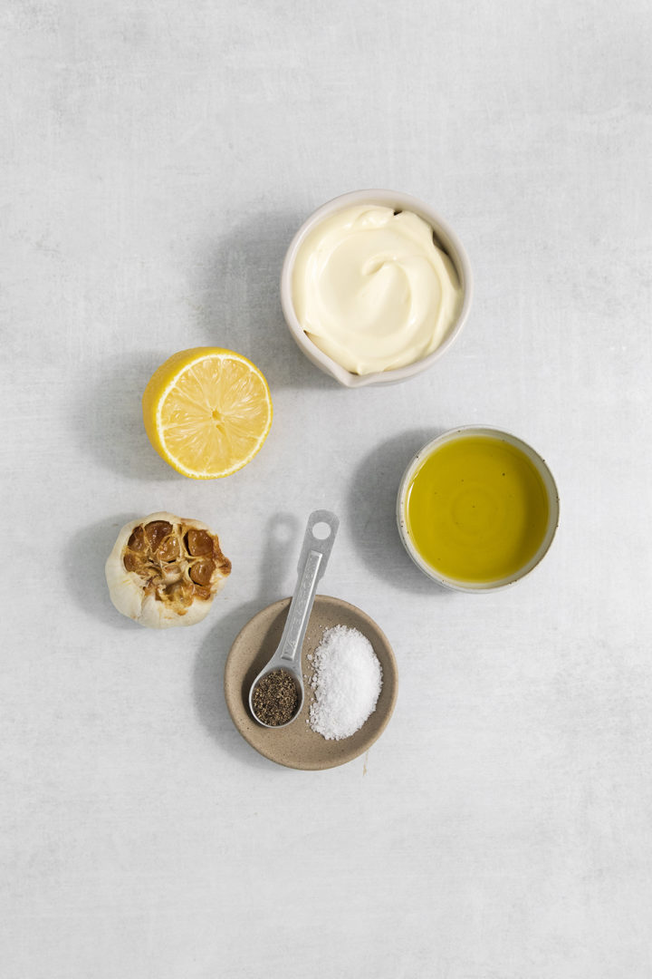 photo of ingredients needed to make a garlic aioli recipe